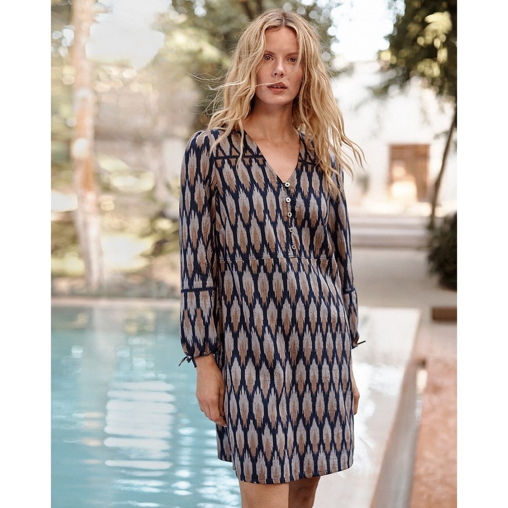 Garnet Hill Dress Womens L Blue Brown Wanderlust Ikat Cotton Shift Puff Sleeve